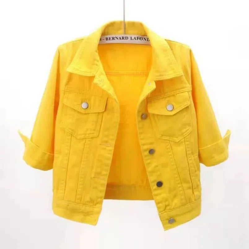 Jackets- Women Boxy Denim Jacket with 3/4 Sleeves- Yellow- IndioGear.com