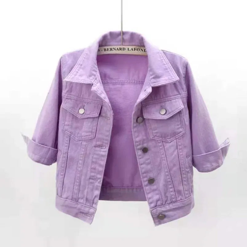 Jackets- Women Boxy Denim Jacket with 3/4 Sleeves- Purple- IndioGear.com