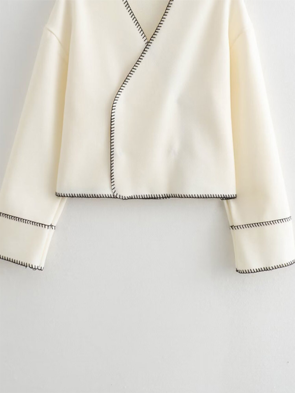 Jackets- Women Cream Jacket with Bold Black Trim- - IndioGear.com