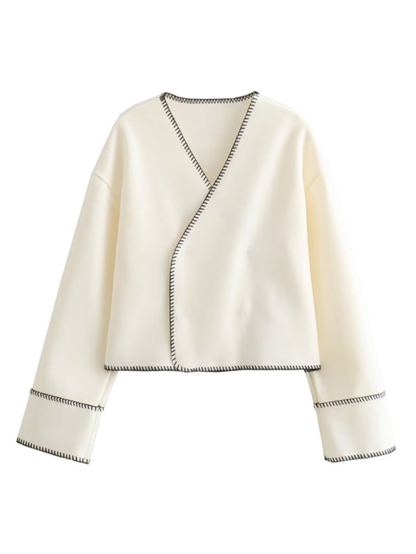 Jackets- Women Cream Jacket with Bold Black Trim- Cream- IndioGear.com