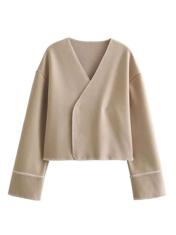 Jackets- Women Cream Jacket with Bold Black Trim- Khaki- IndioGear.com