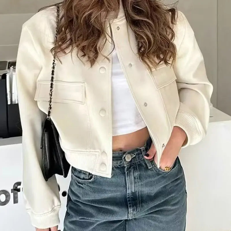 Jackets- Women Cropped Flap Jacket – Casual to Classy!- Apricot- Chuzko Women Clothing