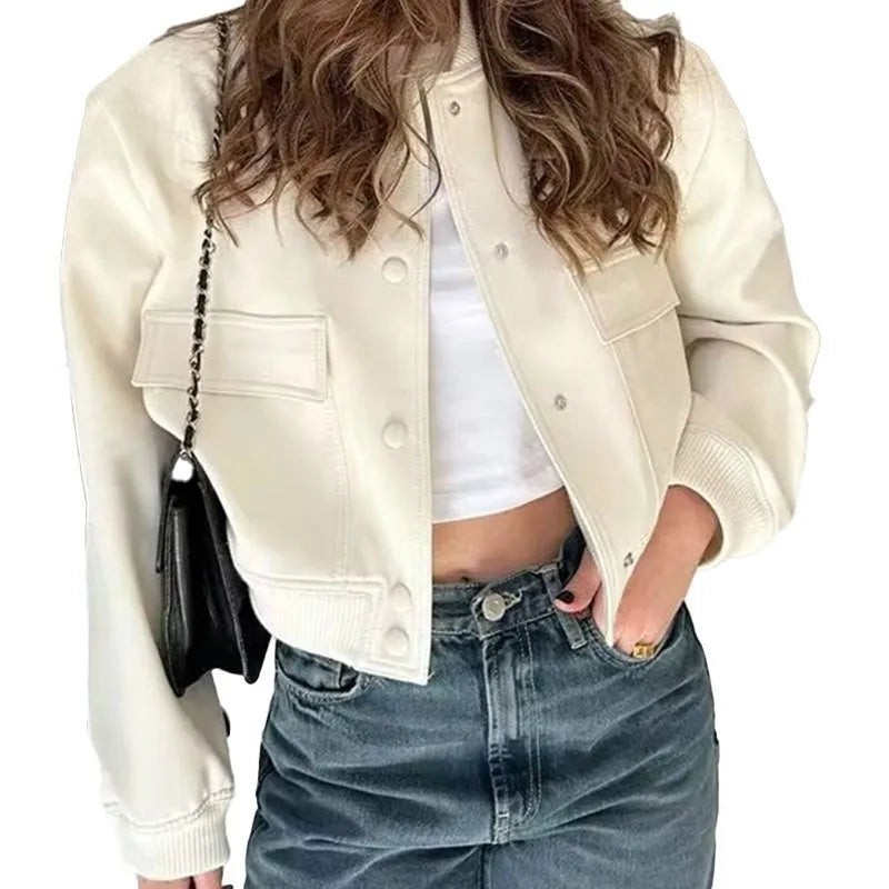 Jackets- Women Cropped Flap Jacket – Casual to Classy!- - Chuzko Women Clothing