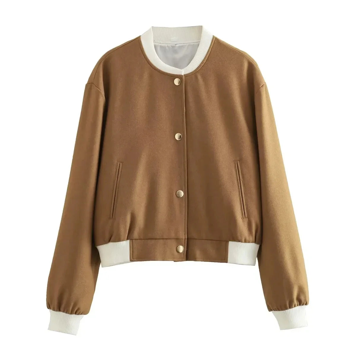 Jackets- Women Cropped Jacket with Gold-Tone Accents- Khaki- Chuzko Women Clothing