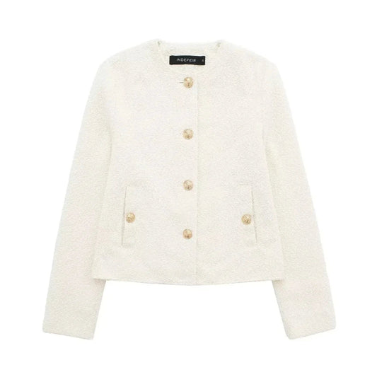 Jackets- Women Elegant Ivory Jacket with Gold-Tone Accents- Ivory- Chuzko Women Clothing