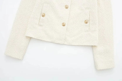 Jackets- Women Elegant Ivory Jacket with Gold-Tone Accents- - Chuzko Women Clothing