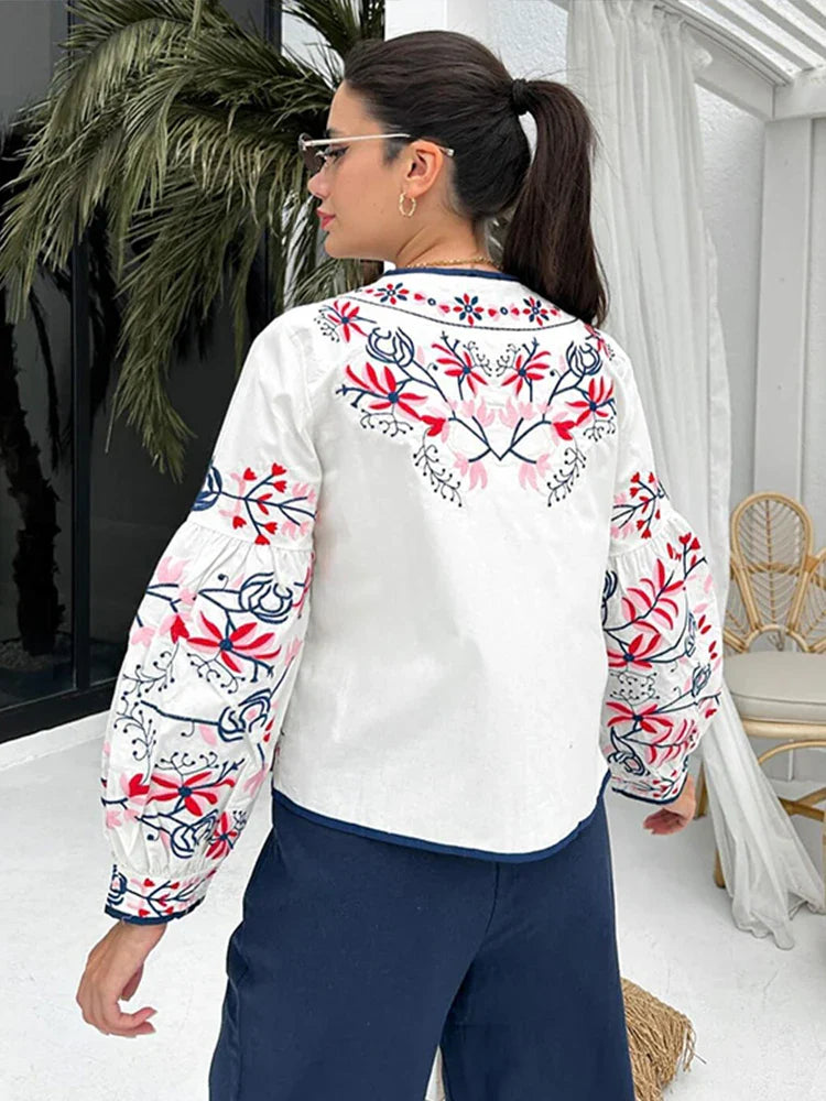 Jackets- Women Floral Autumn Shacket with Contrast Piping- - IndioGear.com