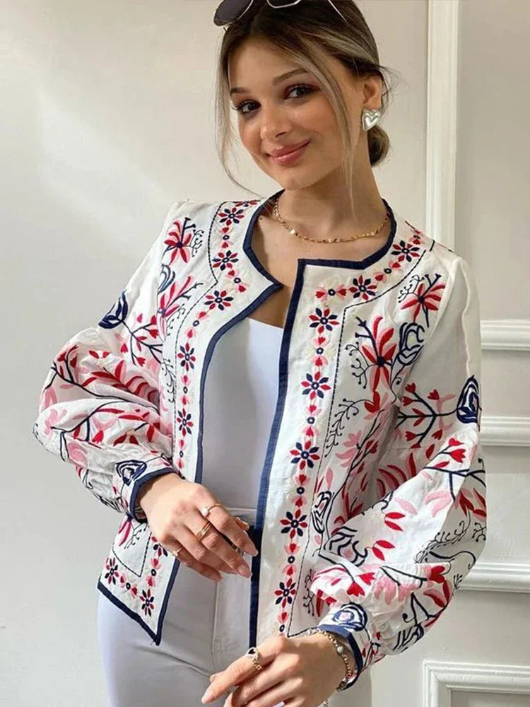 Jackets- Women Floral Autumn Shacket with Contrast Piping- - IndioGear.com