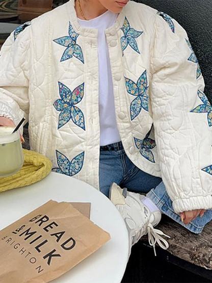 Jackets- Women Quilted Floral Jacket for Crisp Spring Days- Cream- IndioGear.com