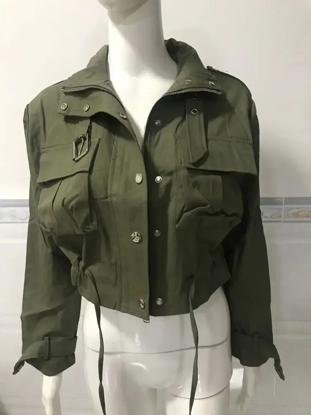 Strukturierte Crop-Jacke mit Stehkragen und Reißverschluss für Damen