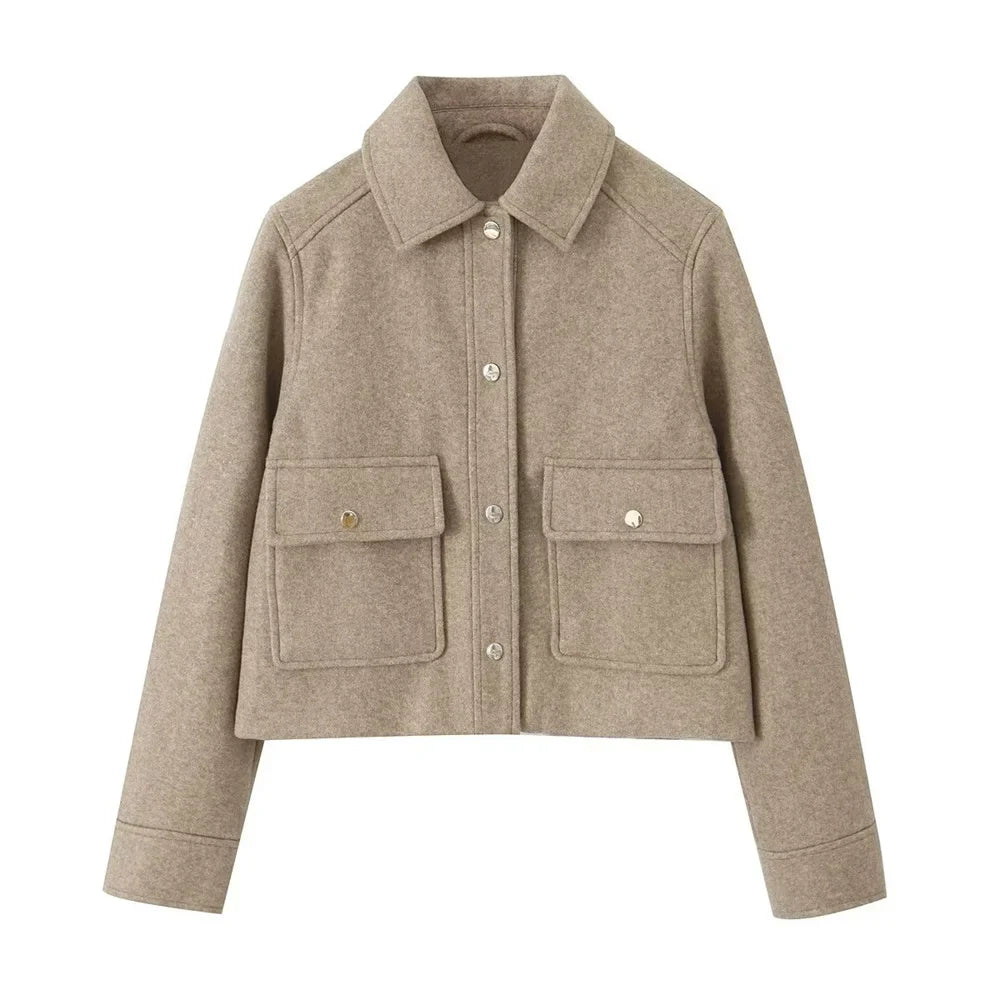 Jackets- Women Textured Flap Jacket for Any Outfit- Khaki- IndioGear.com