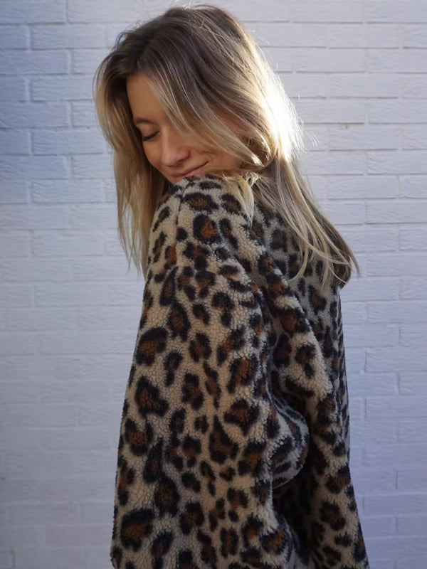 Jackets- Women's Oversized Plush Leopard Jacket Cardigan- - IndioGear Fashion and Gear