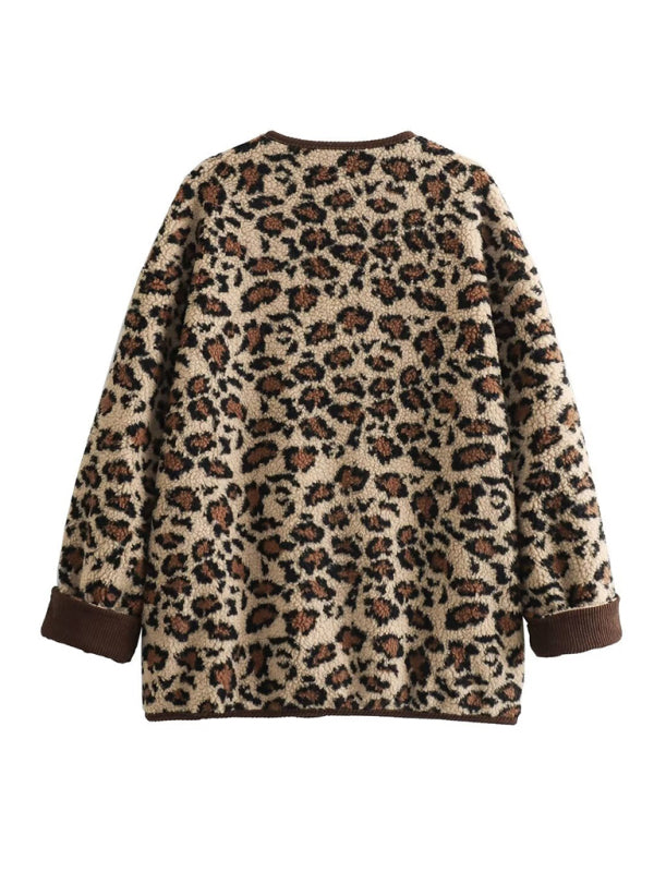 Jackets- Women's Oversized Plush Leopard Jacket Cardigan- - IndioGear Fashion and Gear