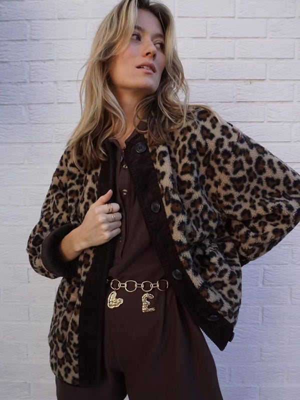 Jackets- Women's Oversized Plush Leopard Jacket Cardigan- Brown- IndioGear Fashion and Gear