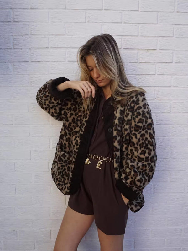 Jackets- Women's Oversized Plush Leopard Jacket Cardigan- - IndioGear Fashion and Gear