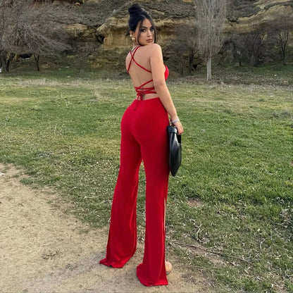 Jumpsuits - Backless Cocktail Jumpsuit with Thigh Slits