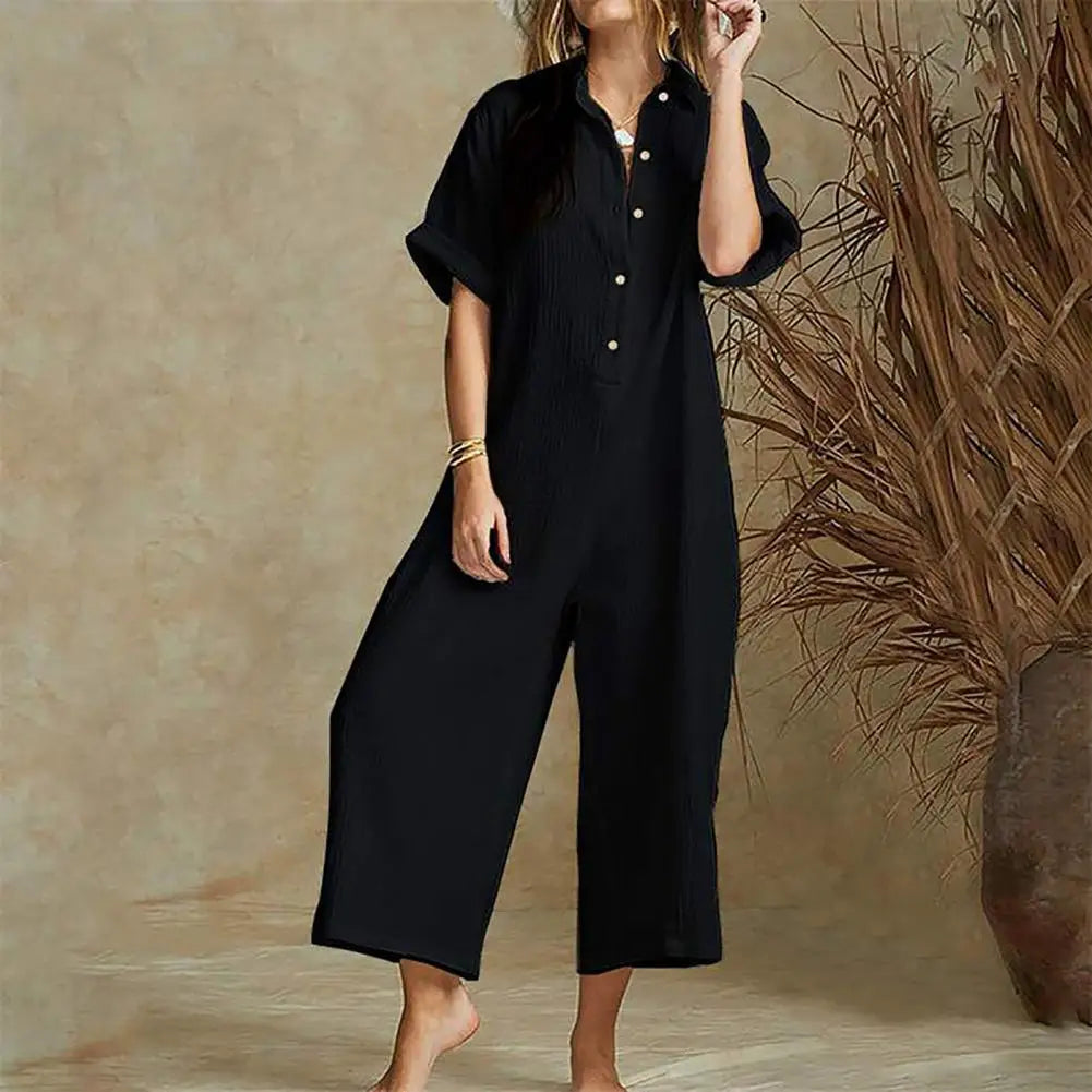 Jumpsuits- Baggy Button-Up Playsuit in Textured Cotton for Women - Loose-Fit Jumpsuit- - IndioGear Fashion and Gear