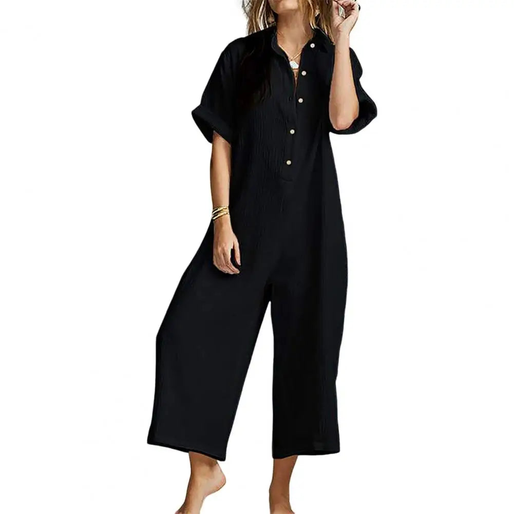 Jumpsuits- Baggy Button-Up Playsuit in Textured Cotton for Women - Loose-Fit Jumpsuit- Black- IndioGear Fashion and Gear