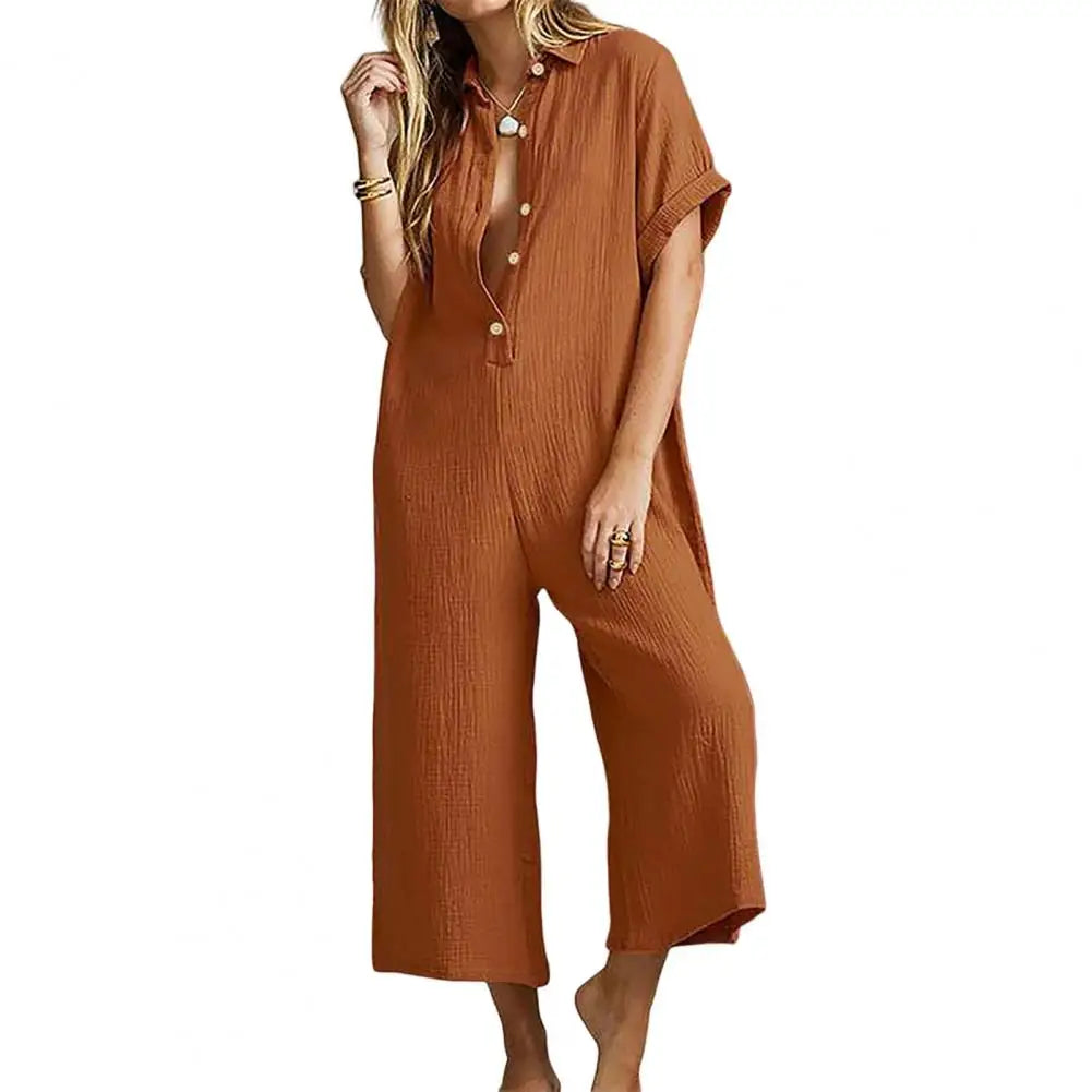 Jumpsuits- Baggy Button-Up Playsuit in Textured Cotton for Women - Loose-Fit Jumpsuit- Khaki- IndioGear Fashion and Gear