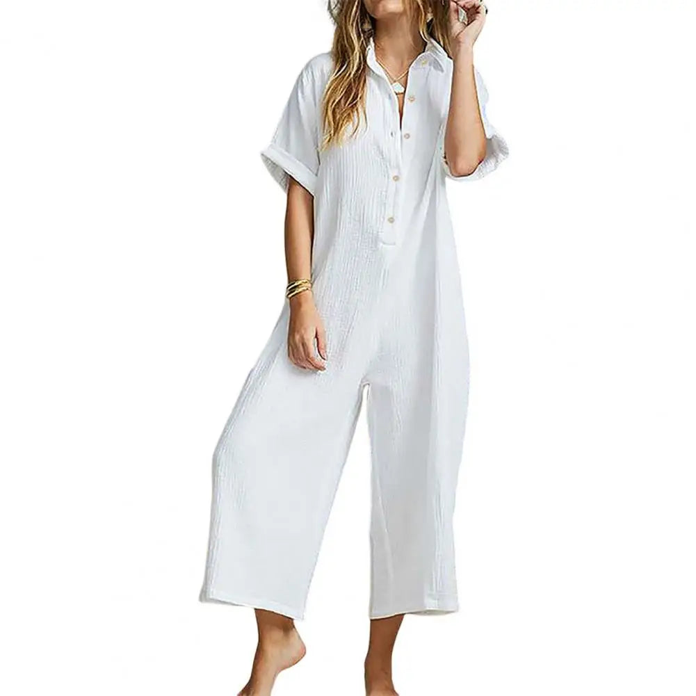 Jumpsuits- Baggy Button-Up Playsuit in Textured Cotton for Women - Loose-Fit Jumpsuit- White- IndioGear Fashion and Gear