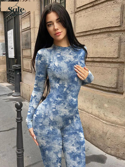 Jumpsuits- Cloud Tie-Dye Jumpsuit Women Full Unitard- Blue- IndioGear Women Clothing