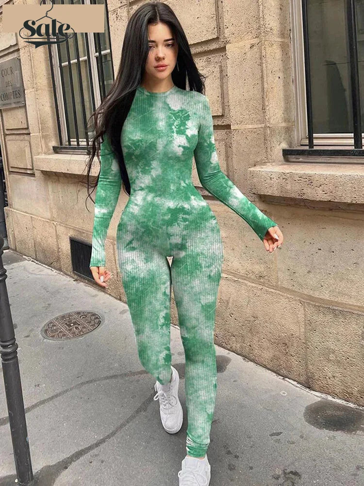 Jumpsuits- Cloud Tie-Dye Jumpsuit Women Full Unitard- green- IndioGear Women Clothing