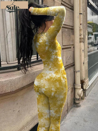 Jumpsuits- Cloud Tie-Dye Jumpsuit Women Full Unitard- Yellow- IndioGear Women Clothing