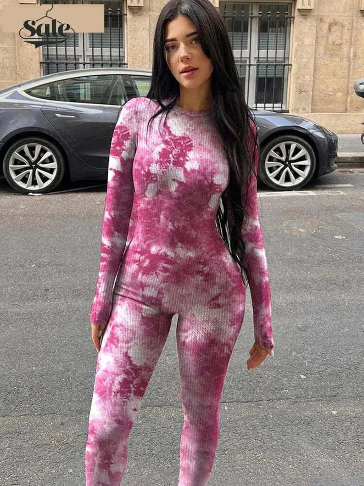 Jumpsuits- Cloud Tie-Dye Jumpsuit Women Full Unitard- Pink- IndioGear Women Clothing