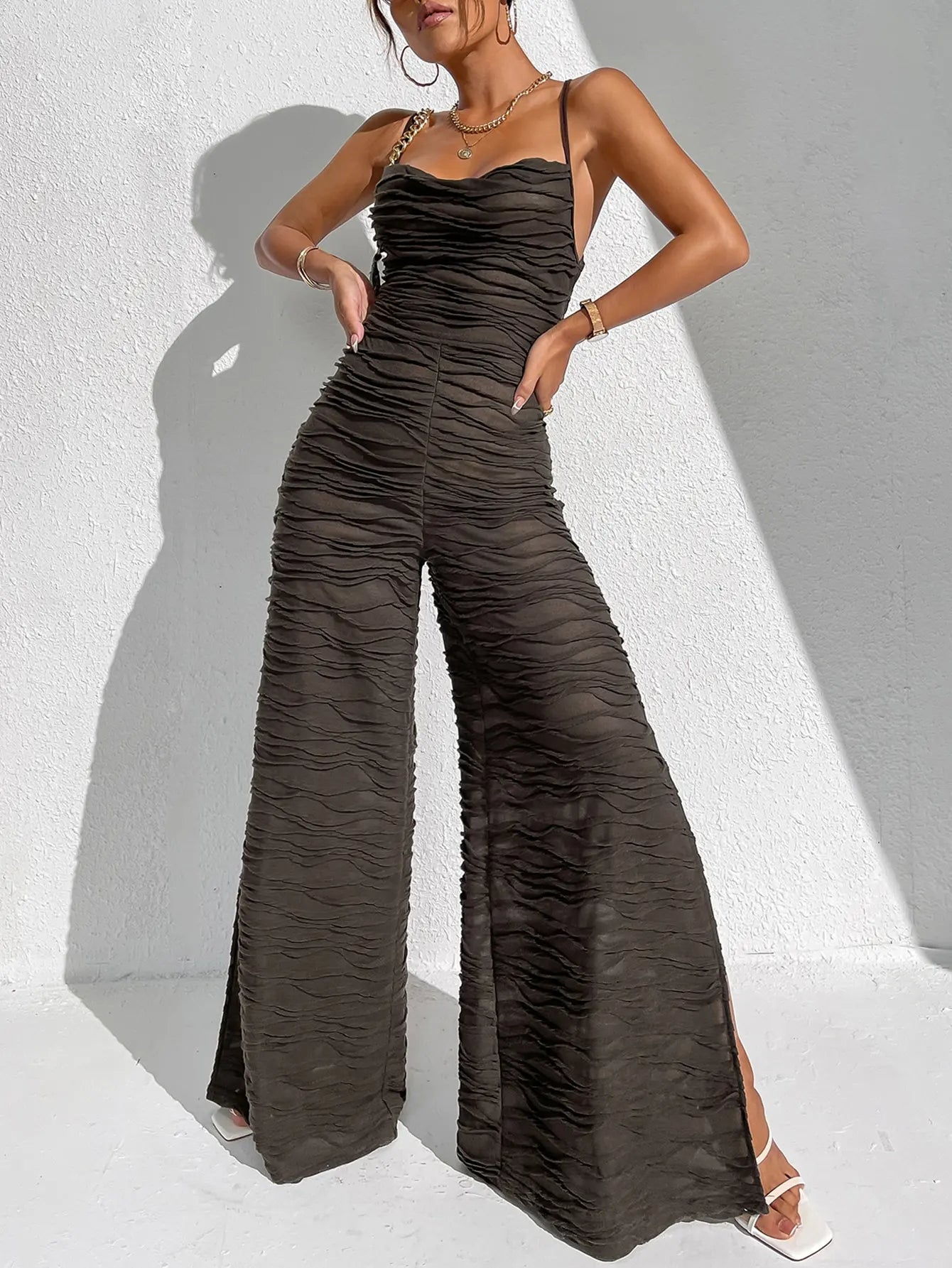 Jumpsuits- Elegant Coffee Ruched Jumpsuit - Women Slit Playsuits with a Twist- - IndioGear.com