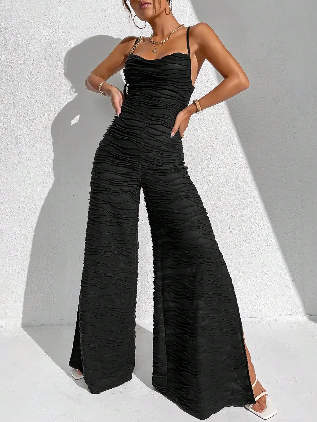 Jumpsuits- Elegant Coffee Ruched Jumpsuit - Women Slit Playsuits with a Twist- Black- IndioGear.com