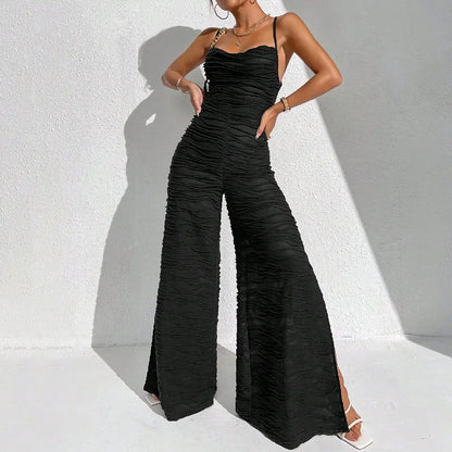 Jumpsuits- Elegant Coffee Ruched Jumpsuit - Women Slit Playsuits with a Twist- - IndioGear.com