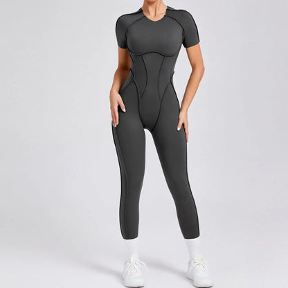 Jumpsuits- Gym Backless Jumpsuit Full-Length Sporty Pantsuits- Dark Grey- IndioGear Women Clothing