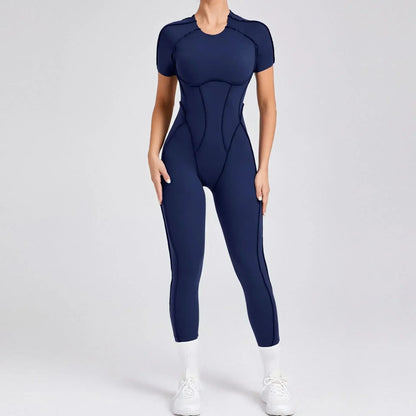 Jumpsuits- Gym Backless Jumpsuit Full-Length Sporty Pantsuits- dark blue- IndioGear Women Clothing