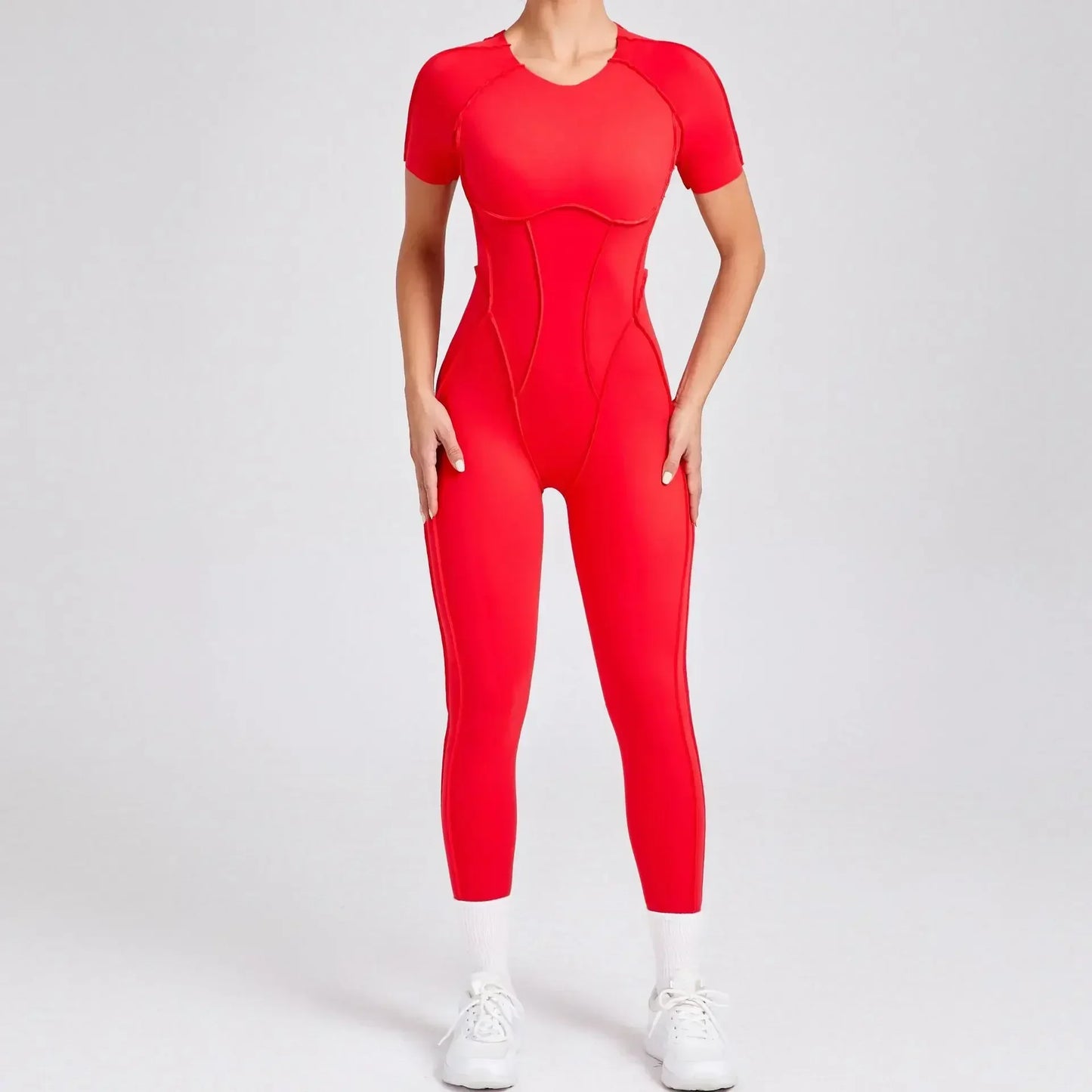 Jumpsuits- Gym Backless Jumpsuit Full-Length Sporty Pantsuits- Red- IndioGear Women Clothing