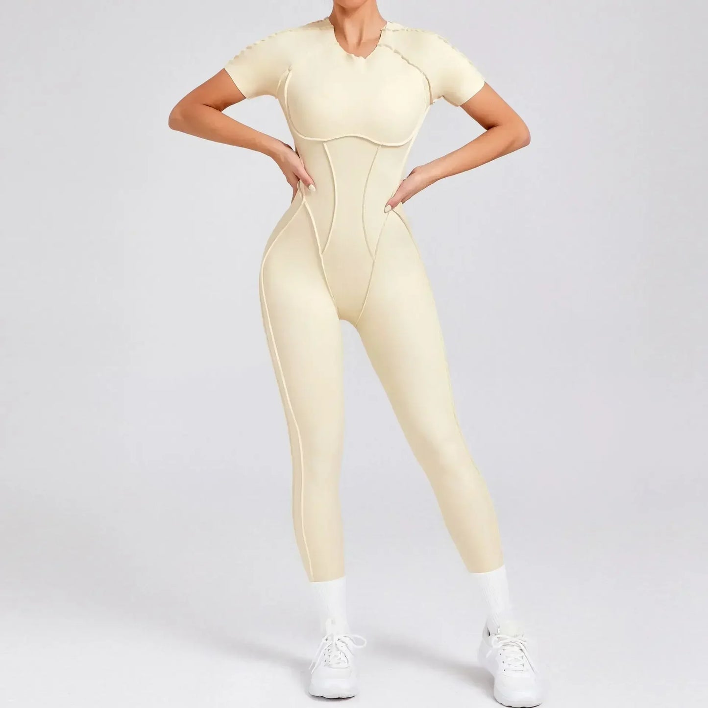 Jumpsuits- Gym Backless Jumpsuit Full-Length Sporty Pantsuits- Beige- IndioGear Women Clothing