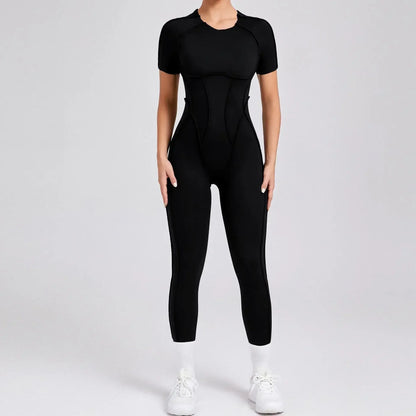 Jumpsuits- Gym Backless Jumpsuit Full-Length Sporty Pantsuits- black- IndioGear Women Clothing