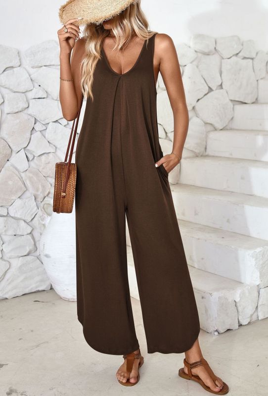 Jumpsuits- Loose Fit Tank Playsuit for Summer - Women's Solid Jumpsuit- Coffee- IndioGear Fashion and Gear