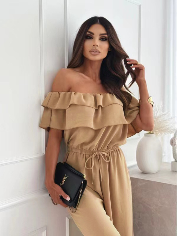 Jumpsuits- Off-Shoulder Playsuit Ruffle Wide-Leg Jumpsuit- - IndioGear.com