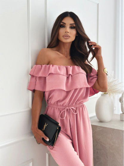 Jumpsuits- Off-Shoulder Playsuit Ruffle Wide-Leg Jumpsuit- - IndioGear.com