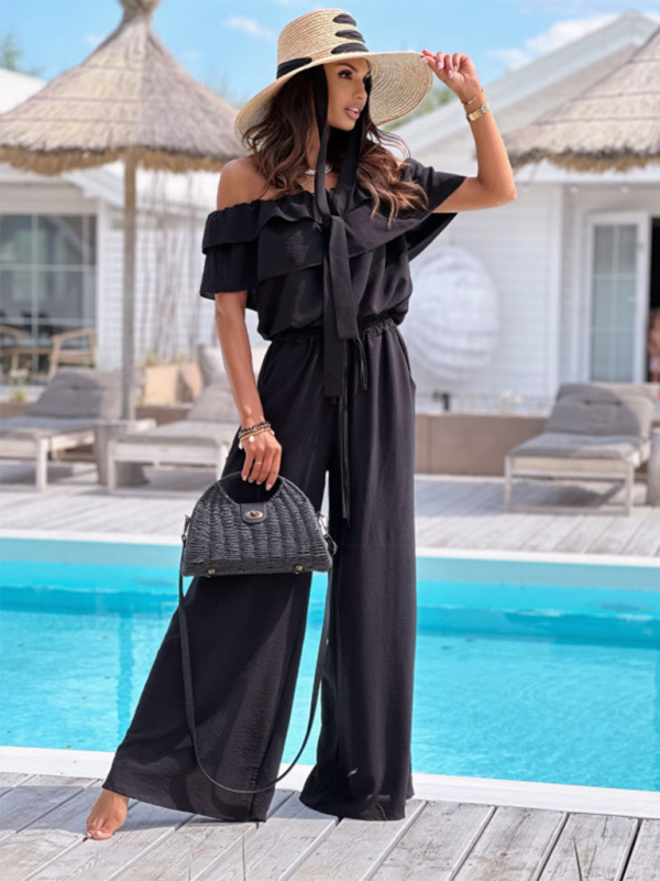 Jumpsuits- Off-Shoulder Playsuit Ruffle Wide-Leg Jumpsuit- - IndioGear.com