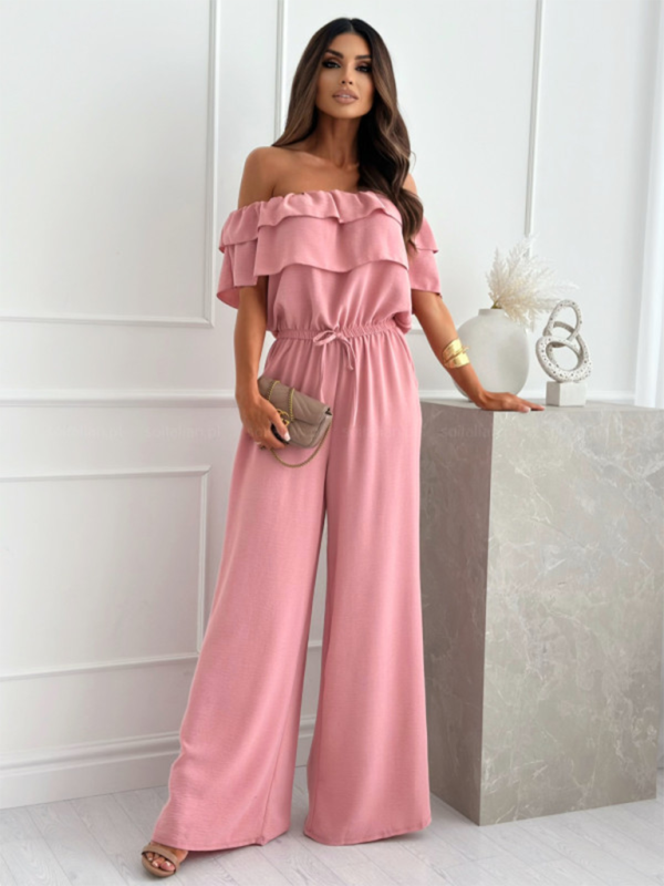 Jumpsuits- Off-Shoulder Playsuit Ruffle Wide-Leg Jumpsuit- Pink- IndioGear.com