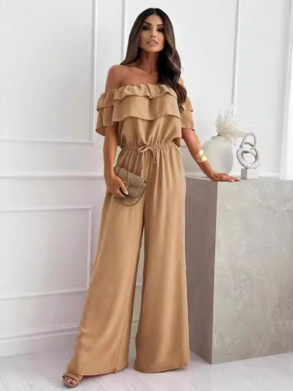 Jumpsuits- Off-Shoulder Playsuit Ruffle Wide-Leg Jumpsuit- - IndioGear.com