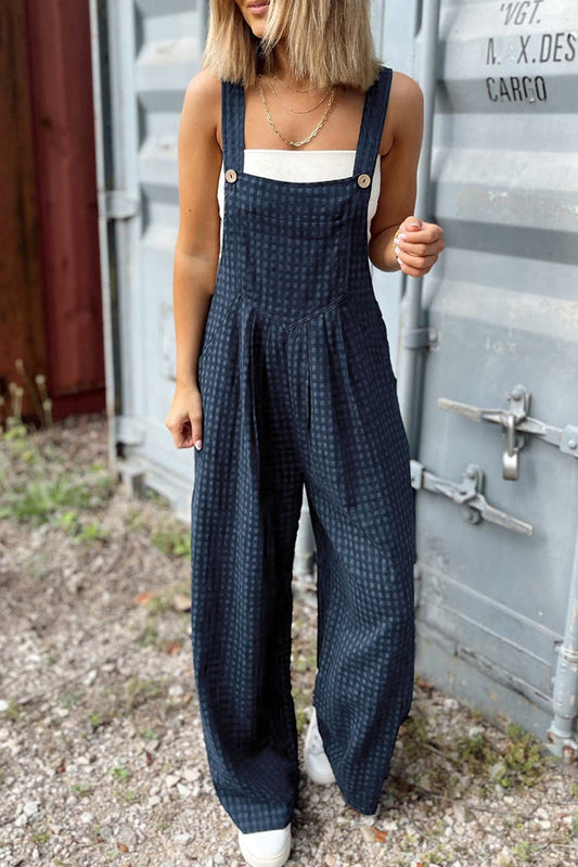 Jumpsuits & Rompers- Plaid Cotton Overalls Checkered Bib Pants- Sail Blue- IndioGear Women Clothing