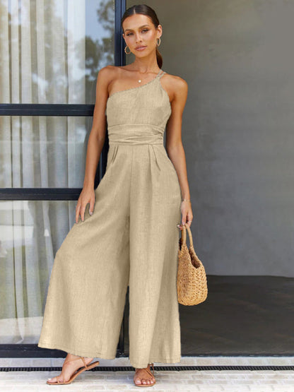 Jumpsuits- Solid Wide-Leg Jumpsuit - One Shoulder Palazzo Playsuit- Cracker khaki- IndioGear Fashion and Gear