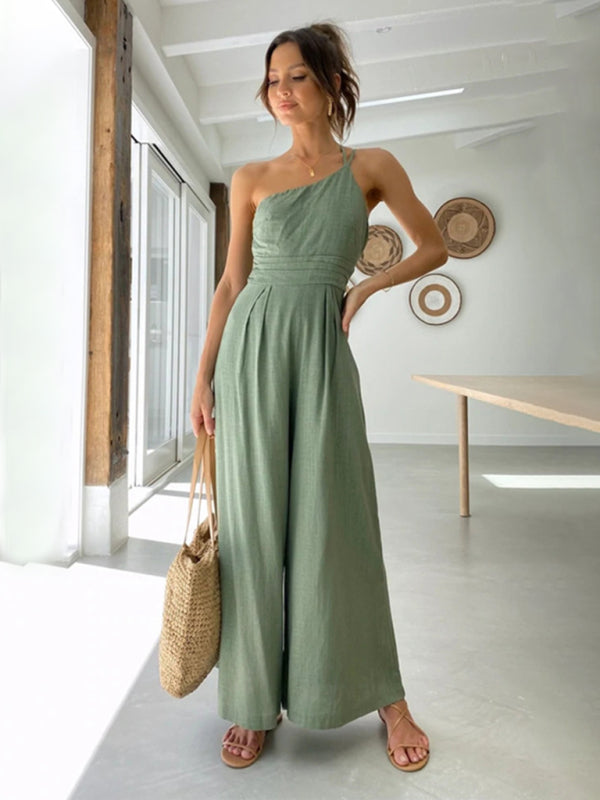 Jumpsuits- Solid Wide-Leg Jumpsuit - One Shoulder Palazzo Playsuit- - IndioGear Fashion and Gear