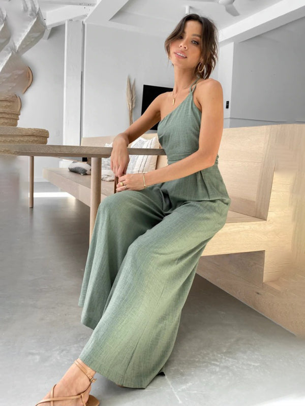 Jumpsuits- Solid Wide-Leg Jumpsuit - One Shoulder Palazzo Playsuit- - IndioGear Fashion and Gear