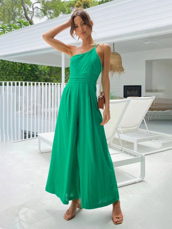 Jumpsuits- Solid Wide-Leg Jumpsuit - One Shoulder Palazzo Playsuit- - IndioGear Fashion and Gear