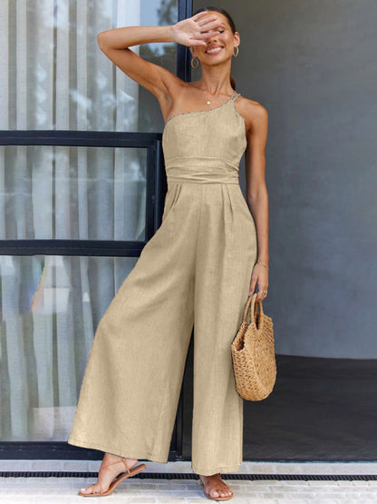 Jumpsuits- Solid Wide-Leg Jumpsuit - One Shoulder Palazzo Playsuit- - IndioGear Fashion and Gear