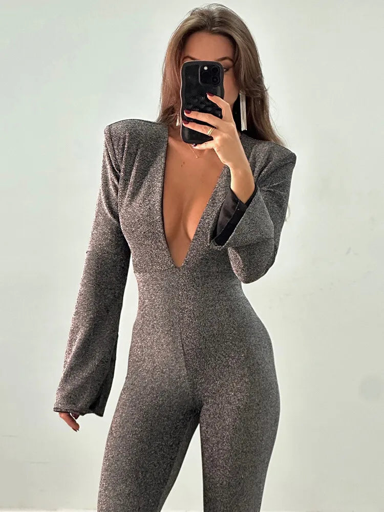 Jumpsuits- Sparkly Evening Jumpsuit Plunging Neckline Pantsuits- - IndioGear