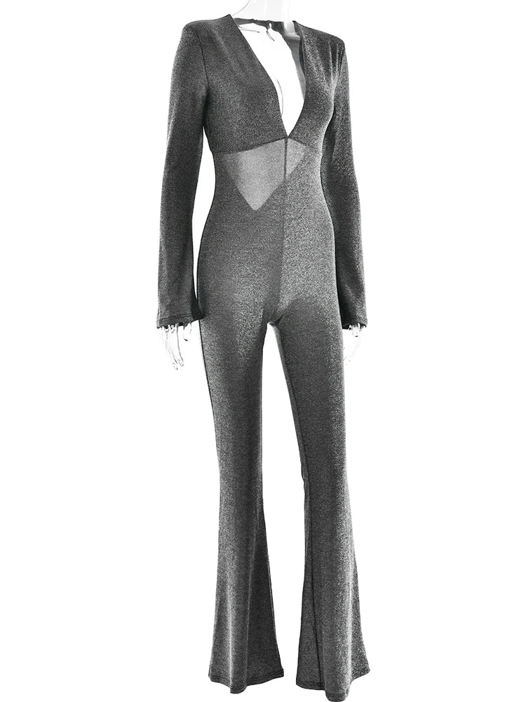 Jumpsuits- Sparkly Evening Jumpsuit Plunging Neckline Pantsuits- - IndioGear